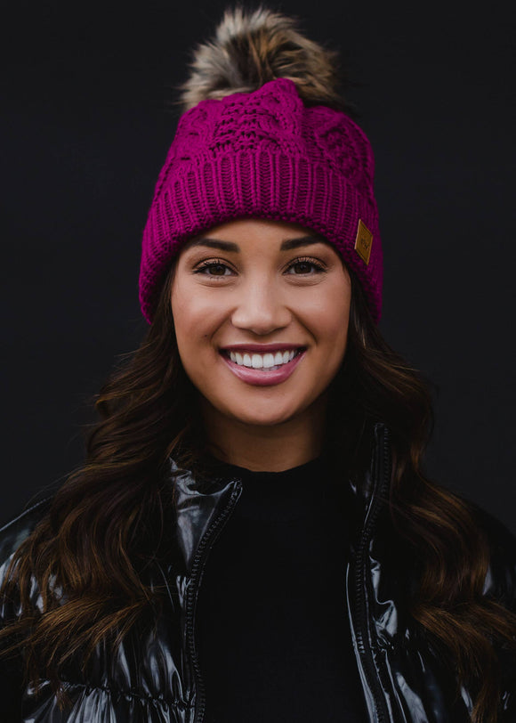Magenta Cable Knit Pom Hat